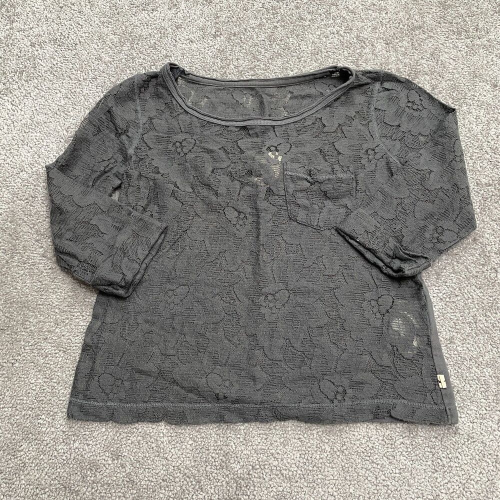 Hollister Lace Blouse Womens XS Gray Rolled 3/4 Sleeve Round Neck Casual Top